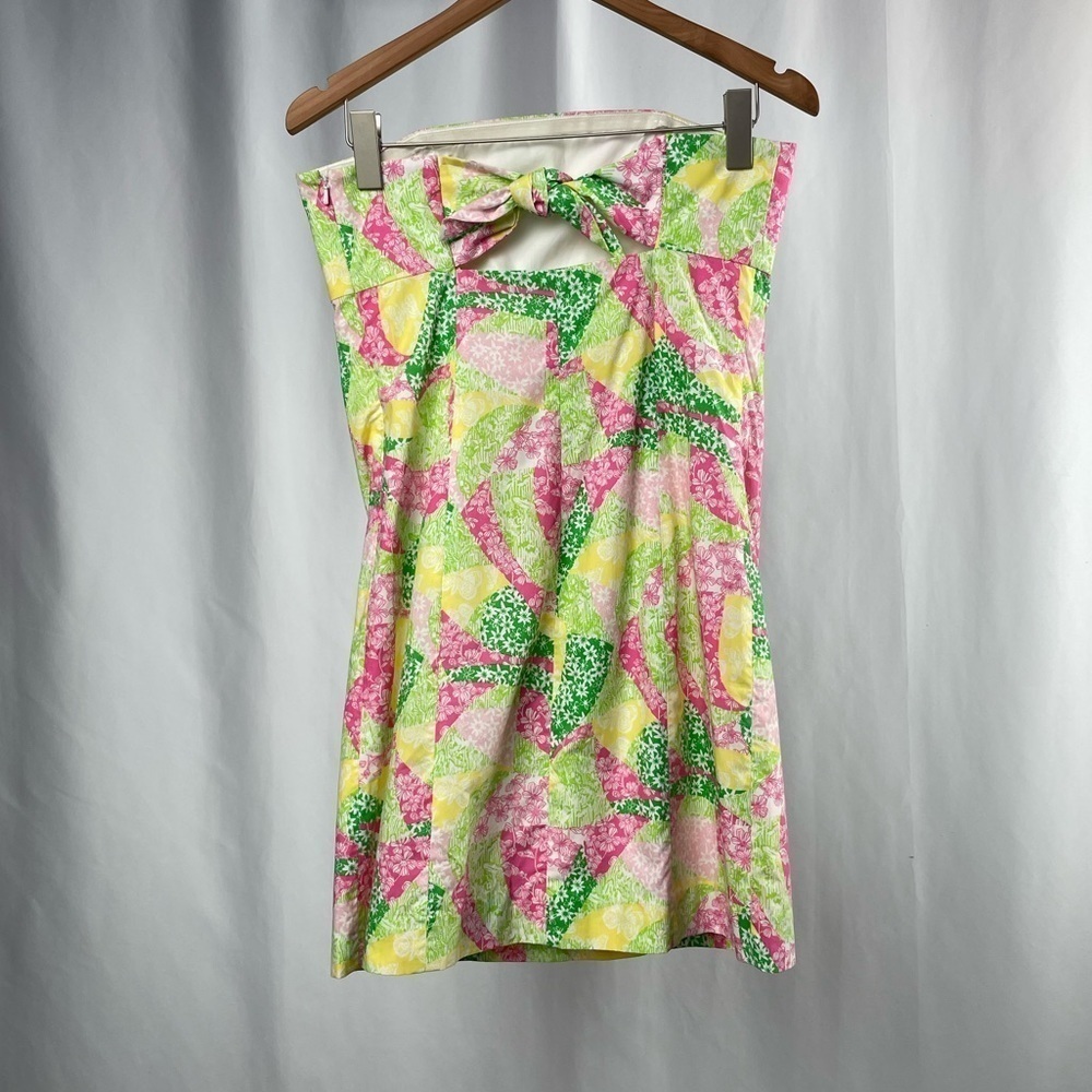 Lilly Pulitzer Cotton Strapless Tie Back Patchwork Mini Dress in Pink Multi Sz 8 - Picture 2 of 4